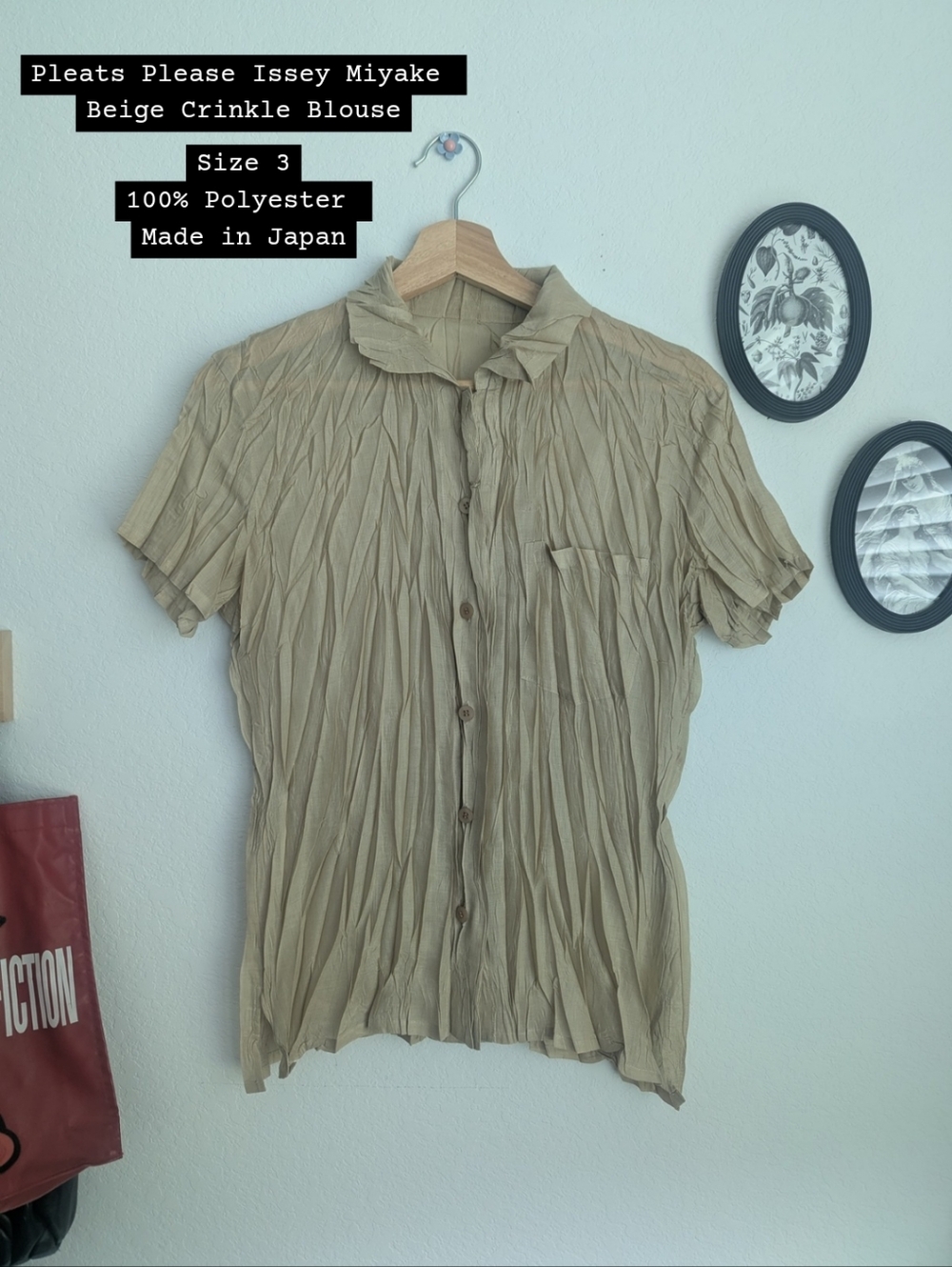 Pleats Please Issey Miyake Button Down Beige Crinkle Blouse
